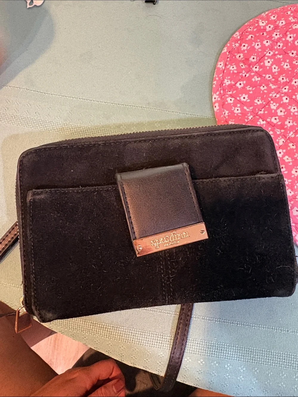 Spartina Black Suede Crossbody Wallet with Gold Accent